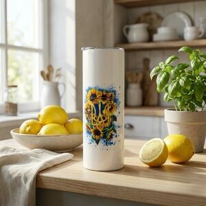 Handmade Ukraine Sunflower Tryzub 20oz Skinny Tumbler.